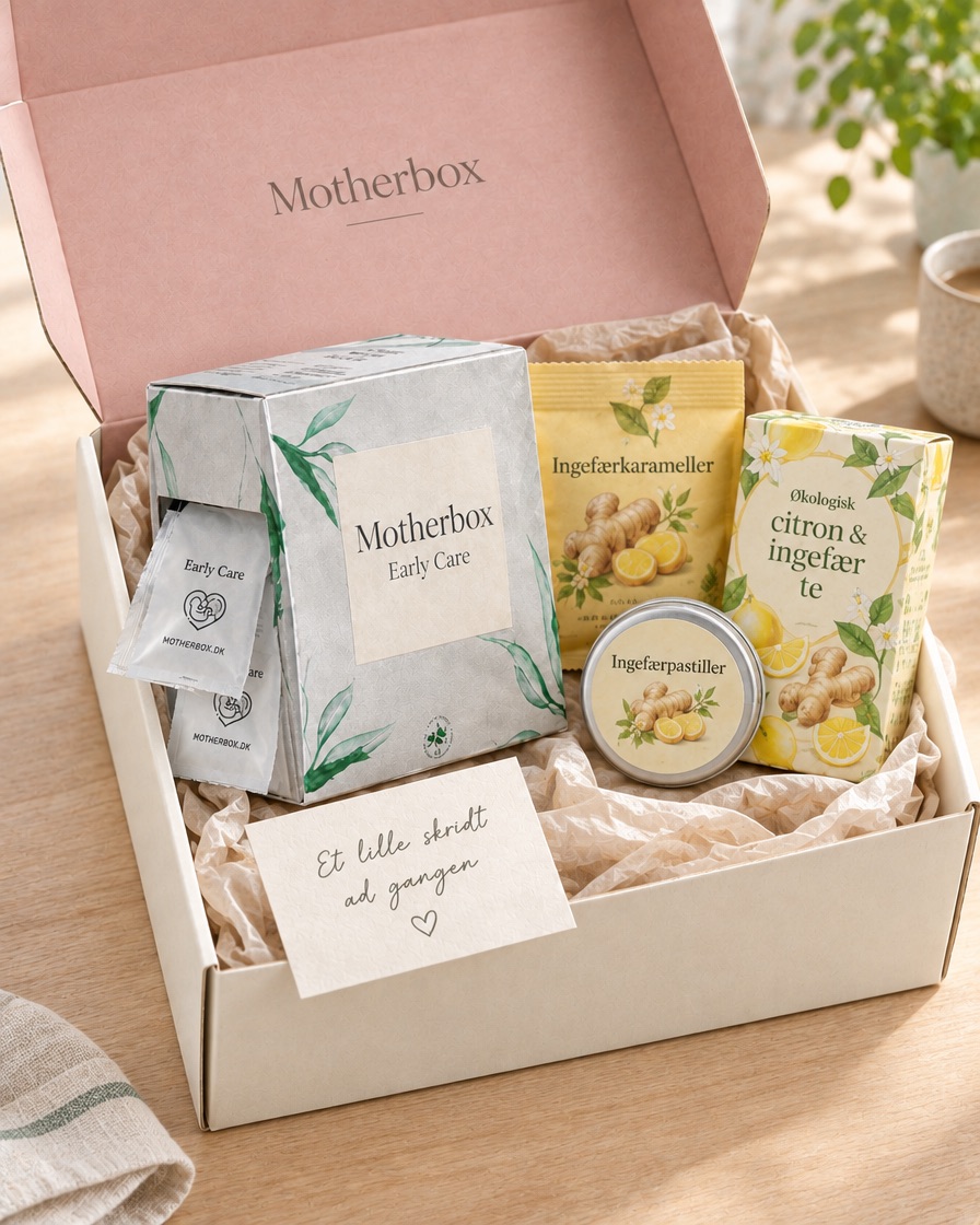 Motherbox Early Care – gaveæsken med dagsposer og goodies