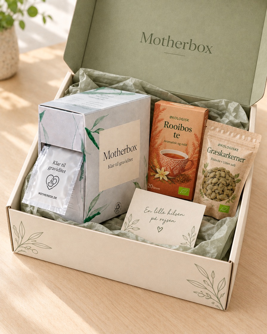 Motherbox Klar til graviditet – gaveæsken med dagsposer og goodies