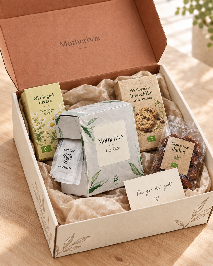 Motherbox Late Care-gaveæske med dagsposer fra Zentabox, urtete, kiks og dadler